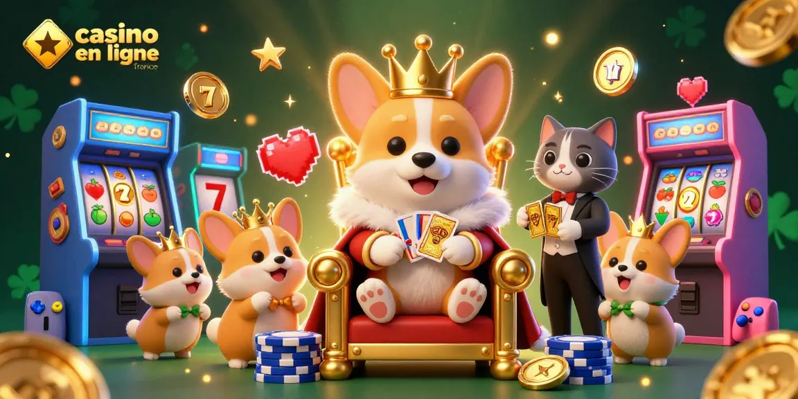 Illustration colorée représentant un royaume de jeux, mettant en avant casino en ligne en France avec des corgis royaux.