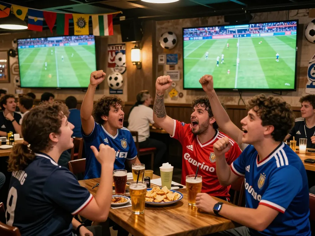 Fans enjoying Cà khịa tv live football match in a lively pub setting, surrounded by snacks and drinks.