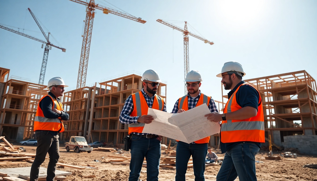 Capture of Carolina construction news, featuring workers in a vibrant building site discussing blueprints.