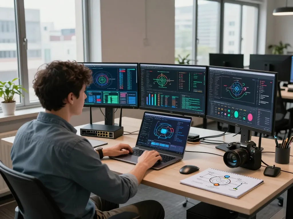 快连 AI-driven network optimization in a modern office workspace with insightful analytics.