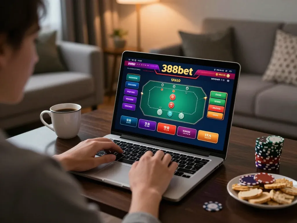 Engaging in online gaming at 388bet with a laptop displaying a vibrant poker interface and cozy home atmosphere.