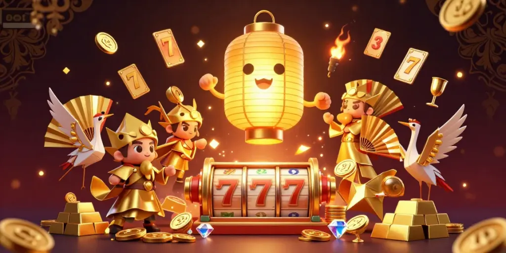 Spin the reels of slot machines amidst a magical night market casino with golden lanterns and treasures.