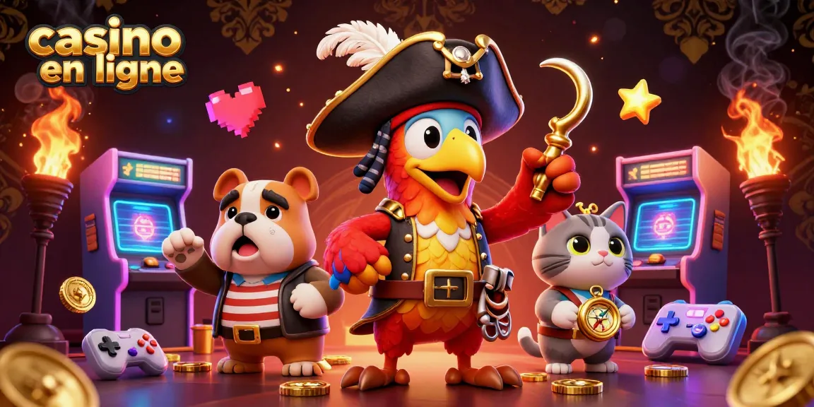 Un moment animé avec un perroquet pirate et un bulldog en voyage dans un casino en ligne.