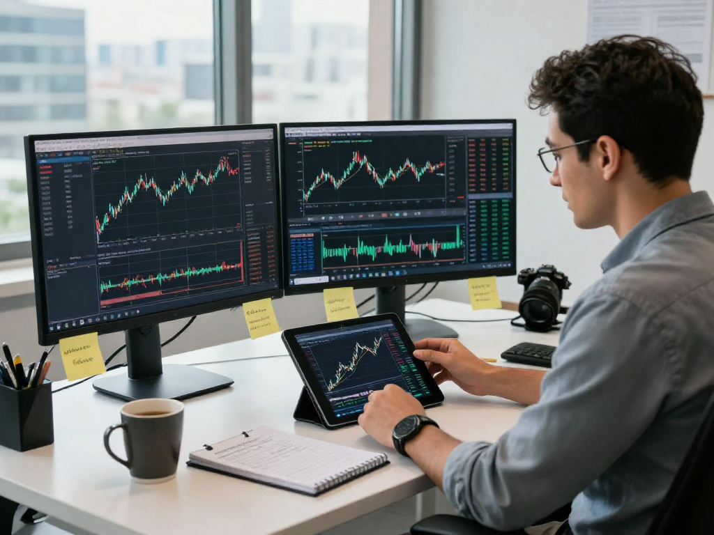 Trader using the MetaTrader 5 platform at a modern desk with dual monitors displaying real-time trading data and analysis tools.