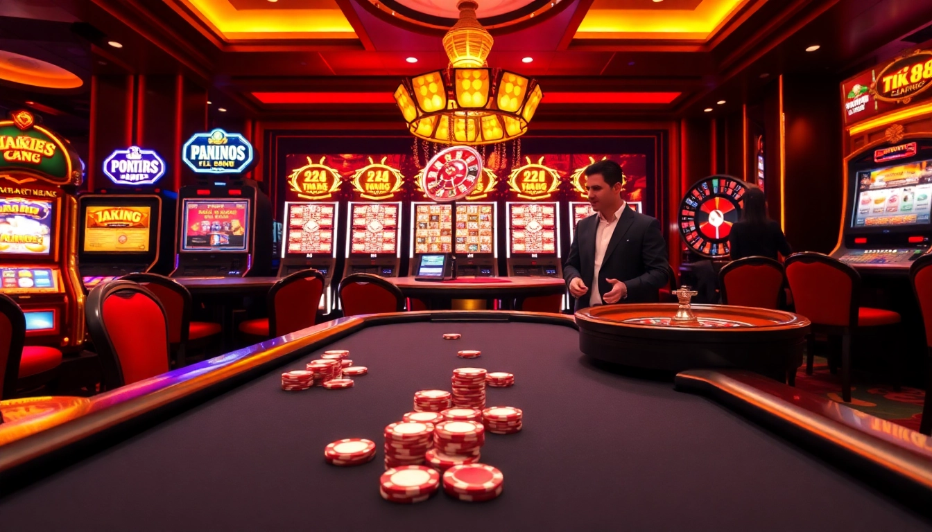 Người chơi tận hưởng sự hứng khởi tại casino tik 88 với chip poker và bàn roulette.