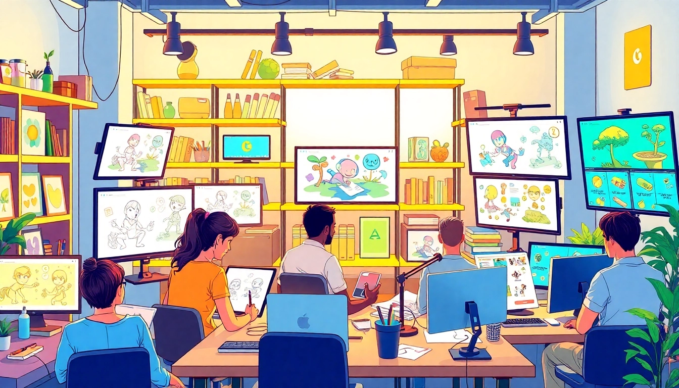 Animationsstudio zeigt kreative Künstler in einem hellen Raum, die an Projekten arbeiten.