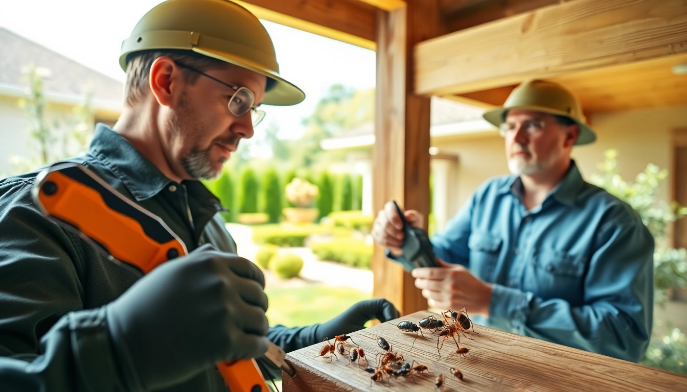 Real estate termite inspection featuring a professional examining property with tools and a termite sign.