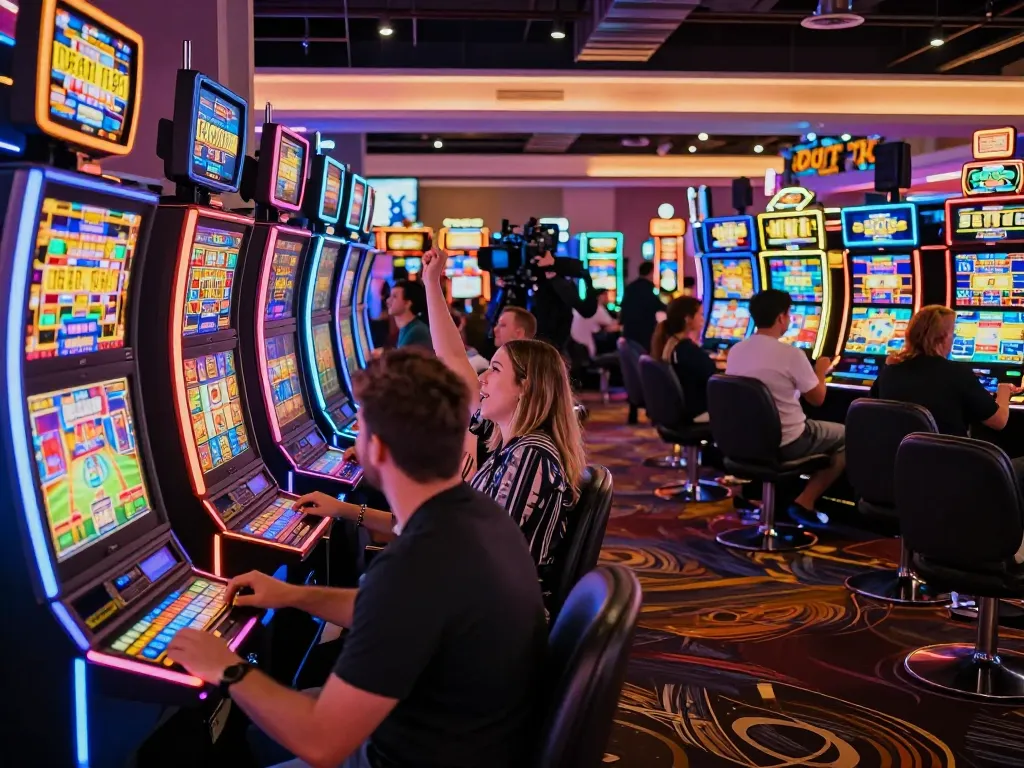 Players enjoying the thrill of thailand slot machines in a lively casino atmosphere