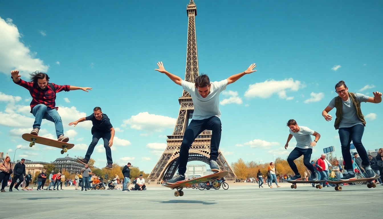 Skate class paris with skateboarders showcasing tricks in a lively urban Paris scene.