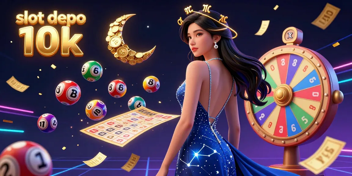 Experience the thrill of slot depo 10k with a vibrant casino scene featuring dynamic game elements and an elegant character.