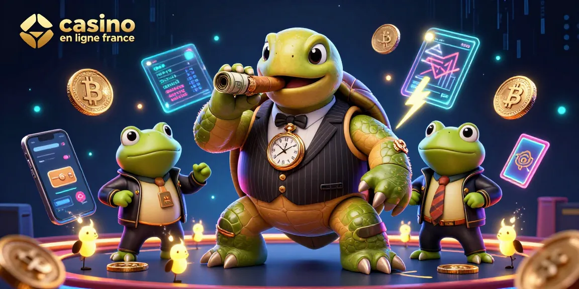 Jouer dans un casino en ligne France avec une tortue et des grenouilles, éléments de crypto-monnaies autour