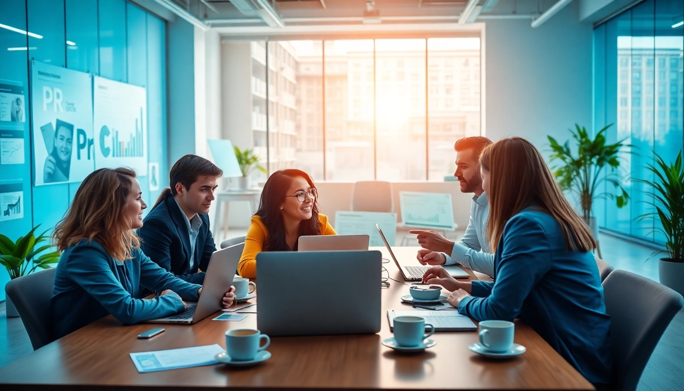 Engaged marketing professionals collaborating on pr websites strategies in a vibrant workspace.