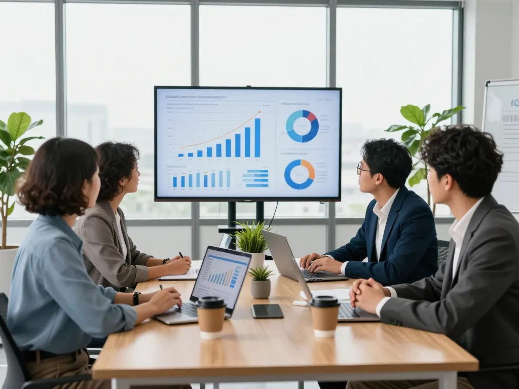 Ezzocards team meeting in a modern office, discussing financial analytics and strategies.