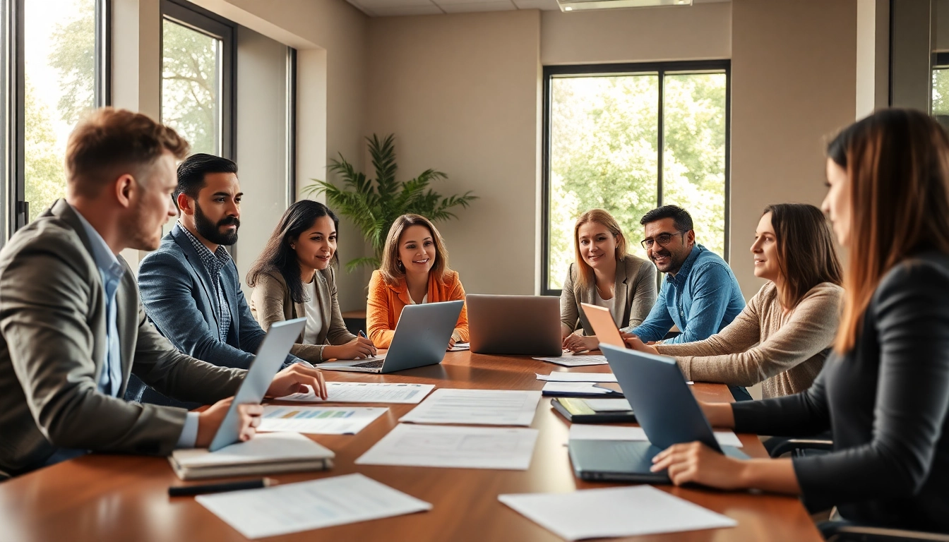 Engaged professionals discussing contracts and grants in a modern office setting.