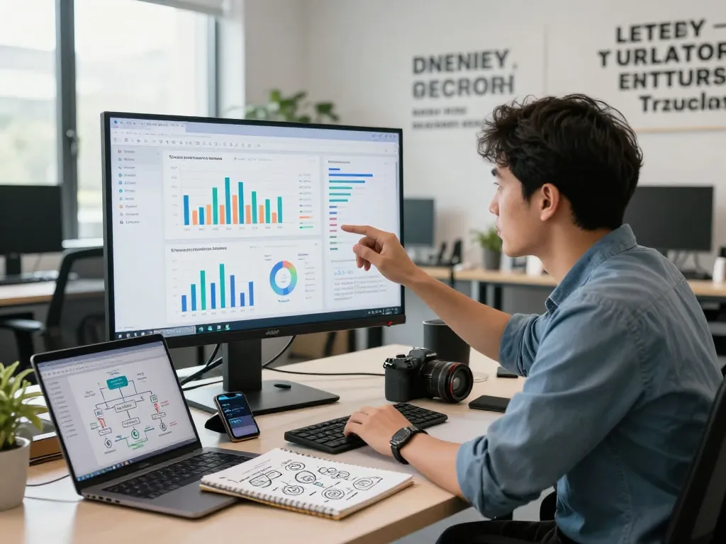 Scene depicting AI tools replacing entry tasks in a tech workspace, featuring a data analyst engaged with performance metrics and AI reports.