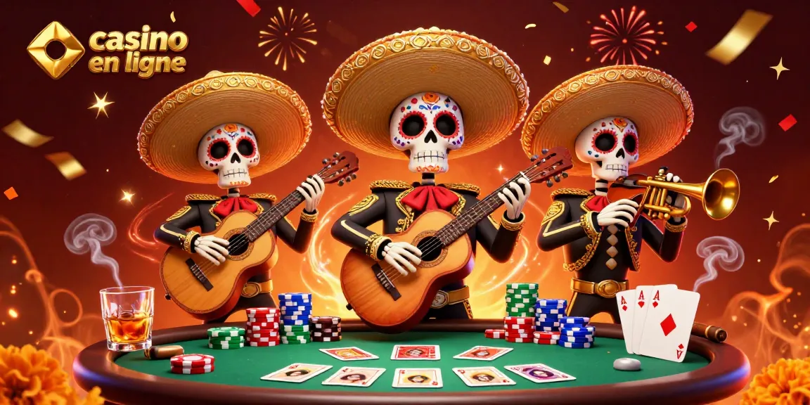 Jouez avec les squelettes mariachi et les cartes au casino en ligne, ambiance festive.