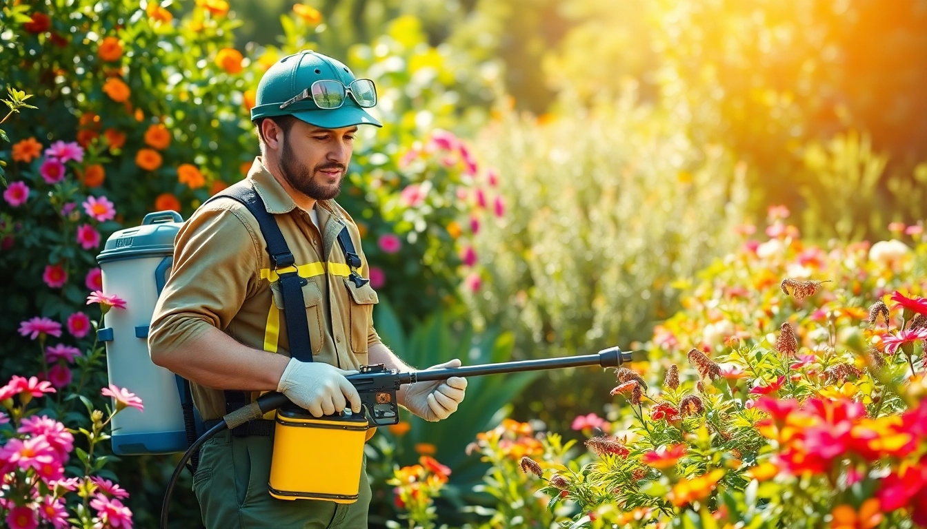 Seasonal bug control expert applying treatments in a vibrant garden setting.