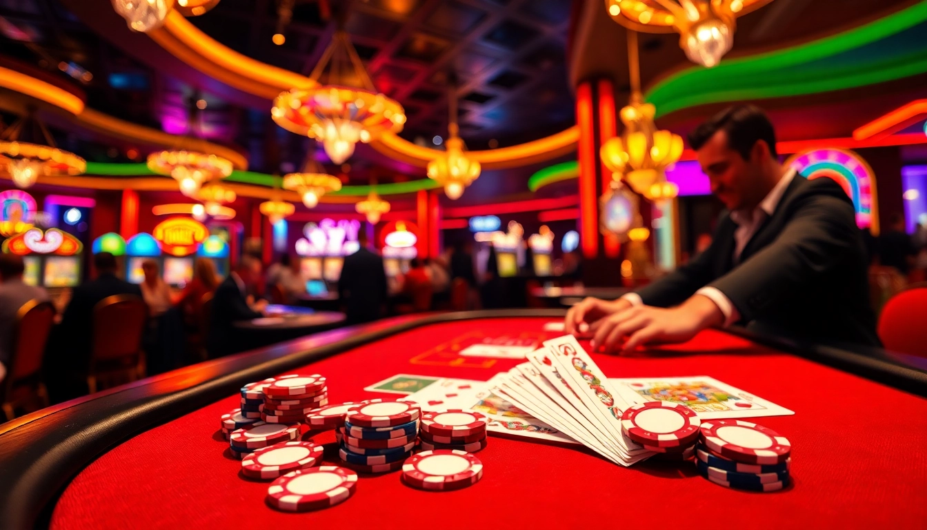 Engaged players enjoying online casino games at a vibrant gaming table with colorful chips.
