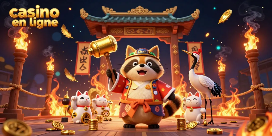 Vibrez avec un lucky tanuki dans un casino en ligne coloré, entouré de maneki-neko et de pièces d'or.