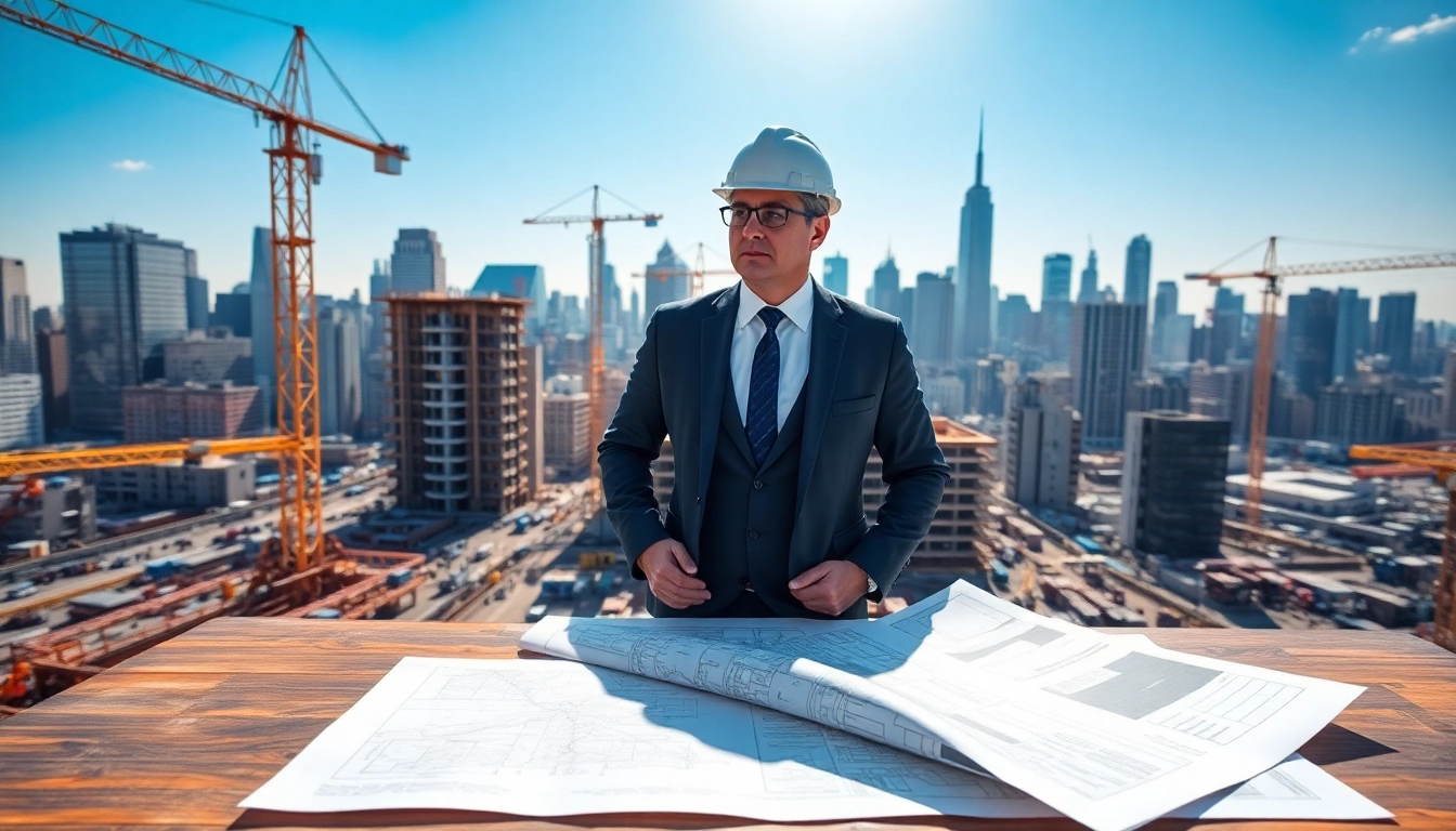 Manhattan Commercial General Contractor managing a construction site with cranes and blueprints.