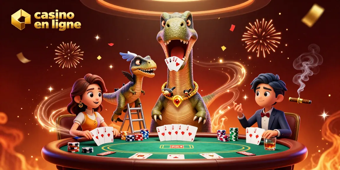 Jouez à casino en ligne avec un brontosaurus au plafond et un raptor distribuant des cartes.