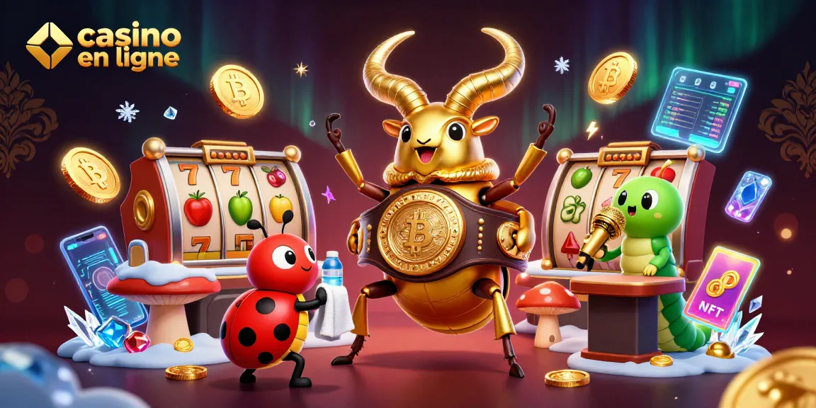 Illustration dynamique d'un combat de casino en ligne avec un scarabée doré et des éléments de jeux.