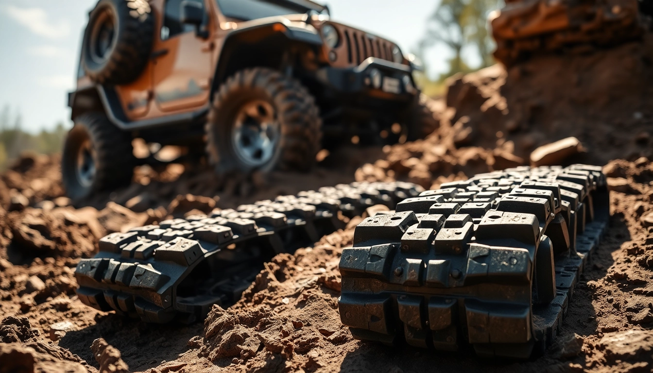 Recovery Tracks positioned in challenging terrain, showcasing durability and traction for off-road vehicles.