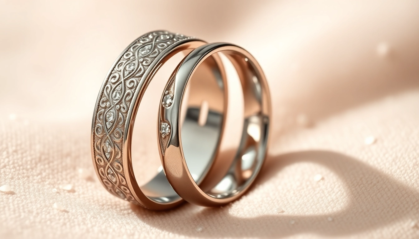 Stunning wedding bands featuring intricate designs and diamonds, showcasing elegance and craftsmanship.