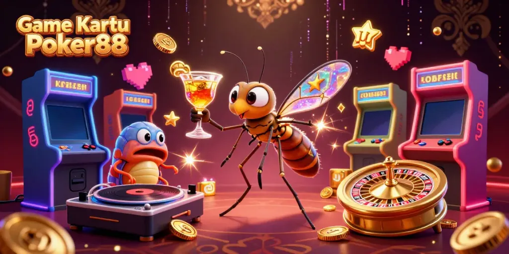 Engage in Game Kartu Poker88 with a vibrant illustration of a casino mascot and a trilobite DJ.