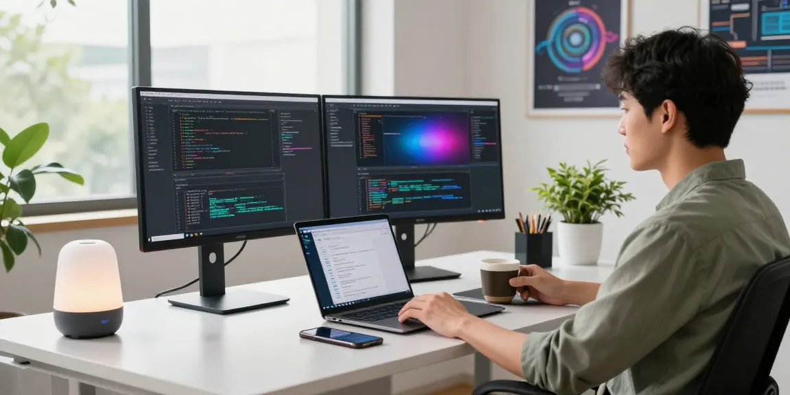 Developer coding in a modern workspace, showcasing WhatsApp下載 integration on devices.