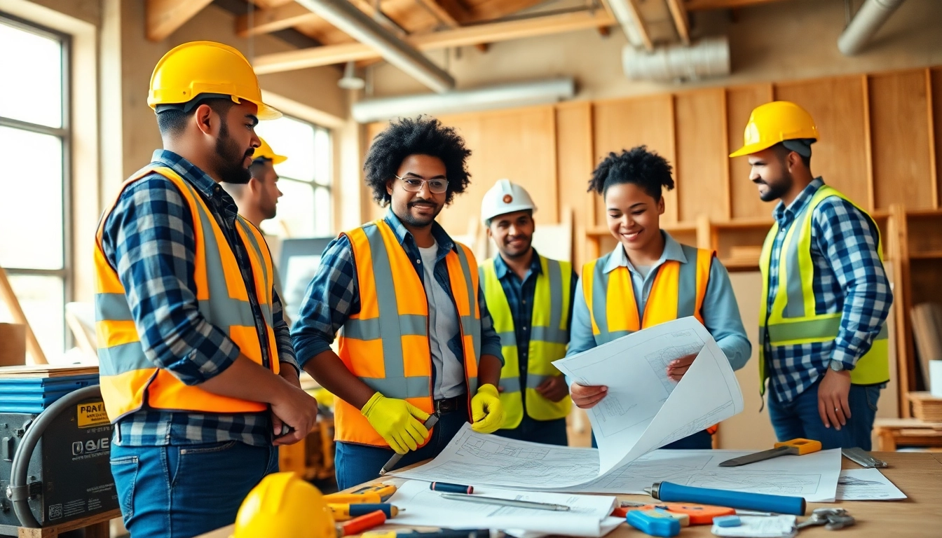 Engaged trainees in a construction apprenticeship workshop, showcasing teamwork and skill development.