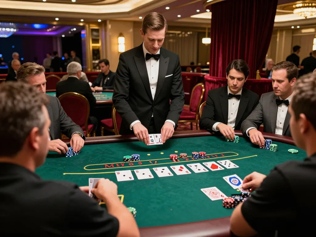 Engaged players strategizing at a blackjack table at 8kbet casino, showcasing intensity and excitement