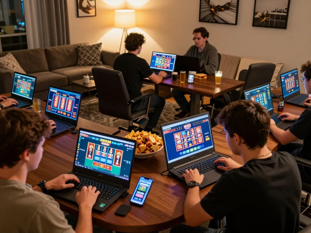 Players engaging in rr88 online casino gaming, showcasing vibrant atmosphere and cozy home setting.