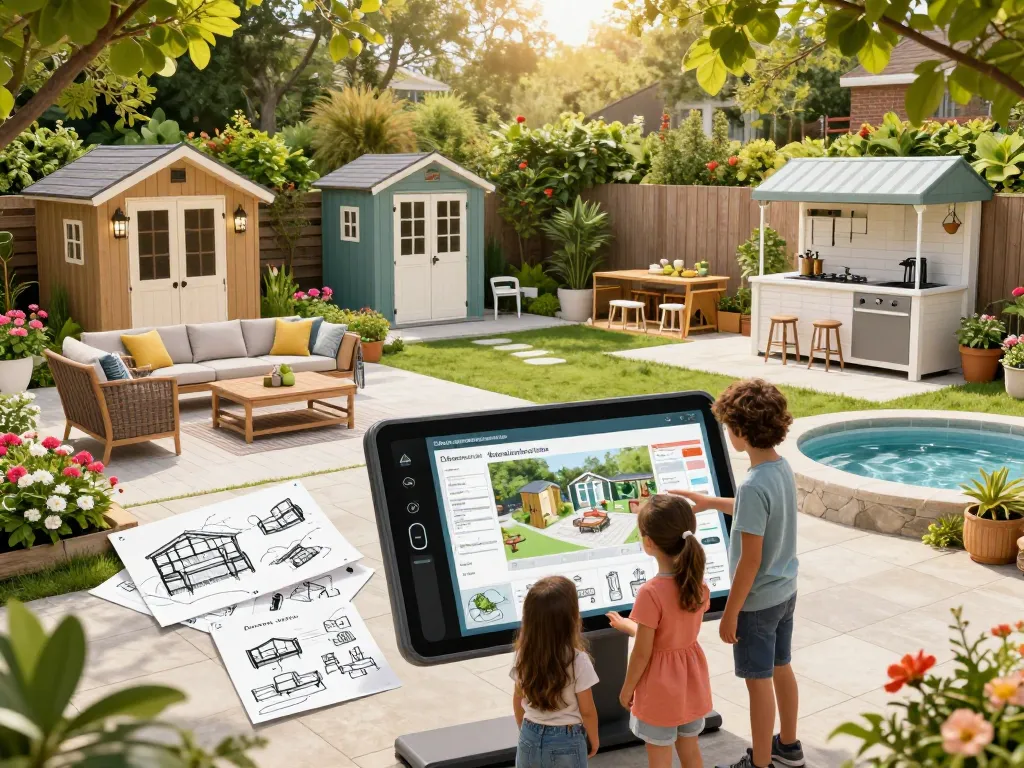 Family using a configuratore 3D outdoor tool to design a beautiful backyard with customizable furniture and garden features.