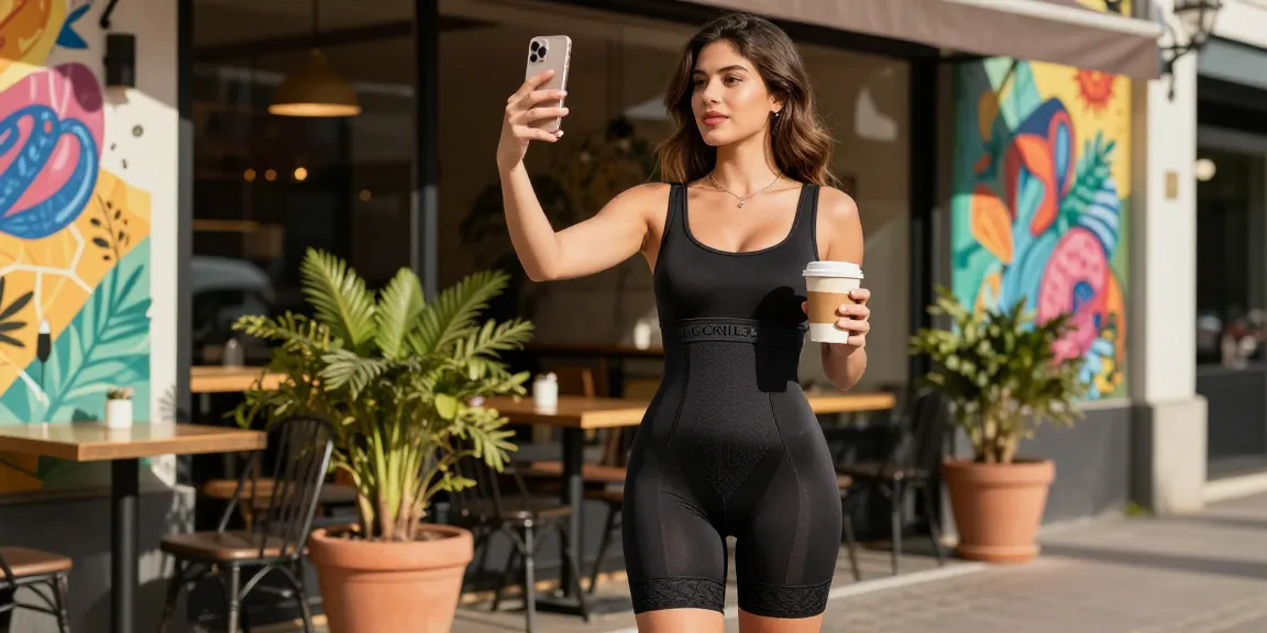 Wajah percaya diri wanita muda memakai Colombian Shapewear Galess dari https://colombianshapeweargaless.com di kafe urban.