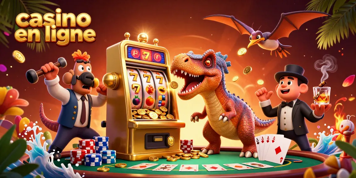 Illustration d'un casino en ligne avec un pachycéphalosaure frappant une machine à sous dorée et un manager affolé.