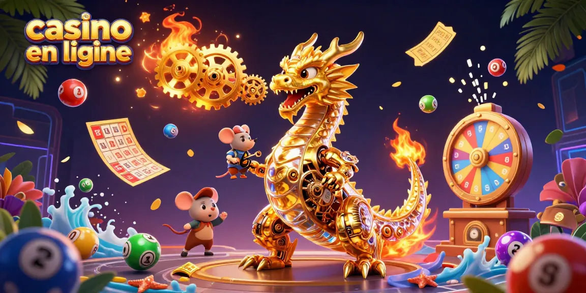 Plongez dans l'univers du casino en ligne avec un dragon mécanique doré et un ingénieur en action.