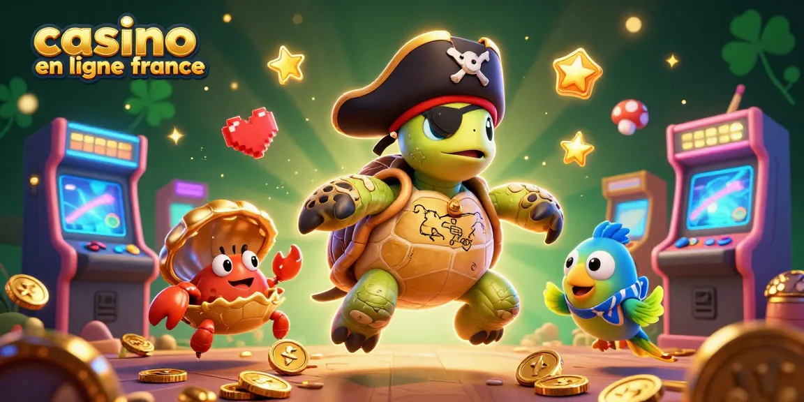 Visualisez le casino en ligne France avec une tortue pirate animée sur une scène colorée pleine d'éléments de jeu.