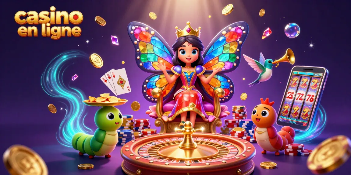 Casino en ligne : reine des papillons entourée de jetons et de pièces dorées.