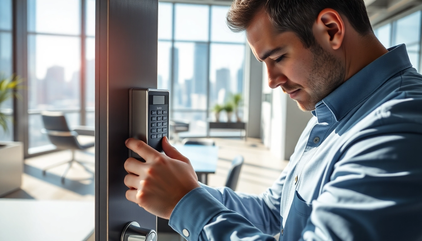 Ensure robust Commercial Security in St. Louis County, Missouri with expert locksmith examining high-tech systems.