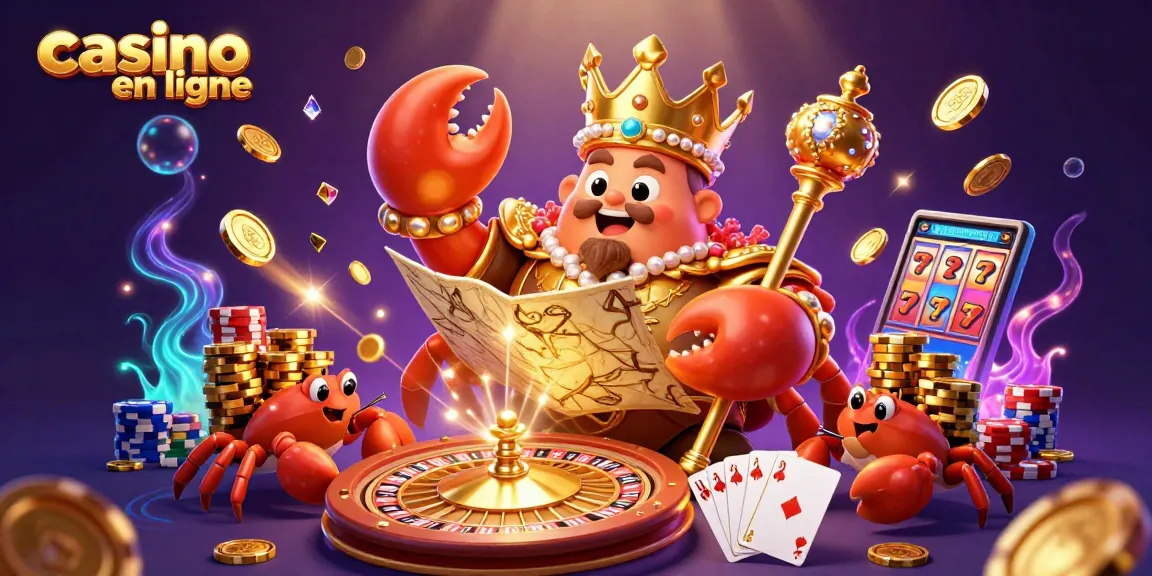 Illustration animée en 3D de crabes impériaux et éléments de casino en ligne avec des pièces d'or.