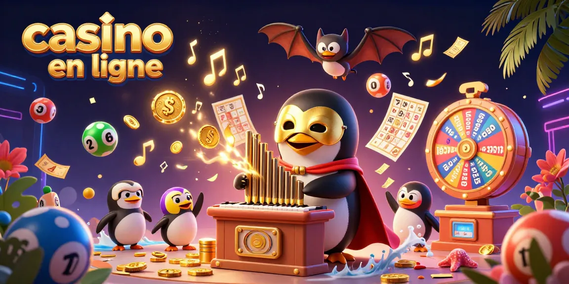 Jouer au casino en ligne avec un pingouin fantôme et un acrobate, entourés de balles de loterie colorées.