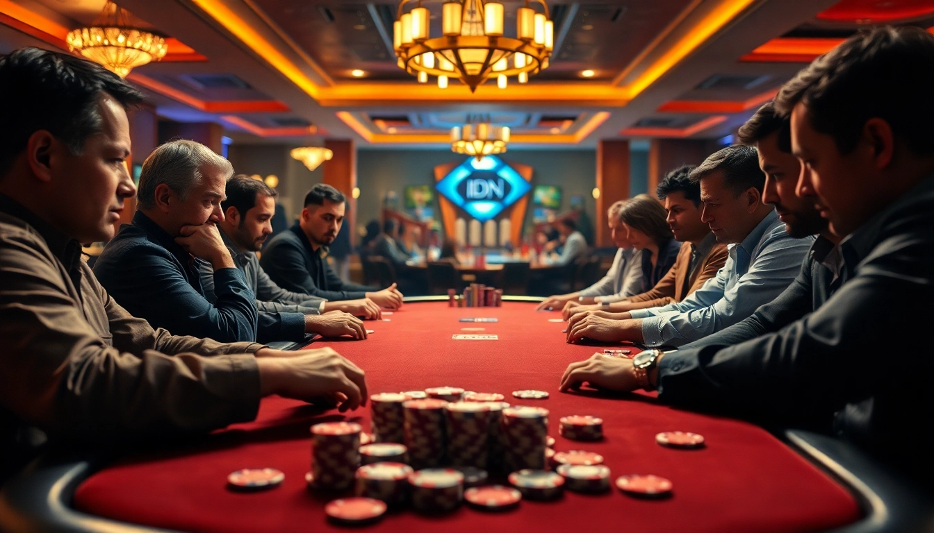 Bermain idn poker di meja yang dipenuhi chip dan kartu dalam suasana kasino yang energik.