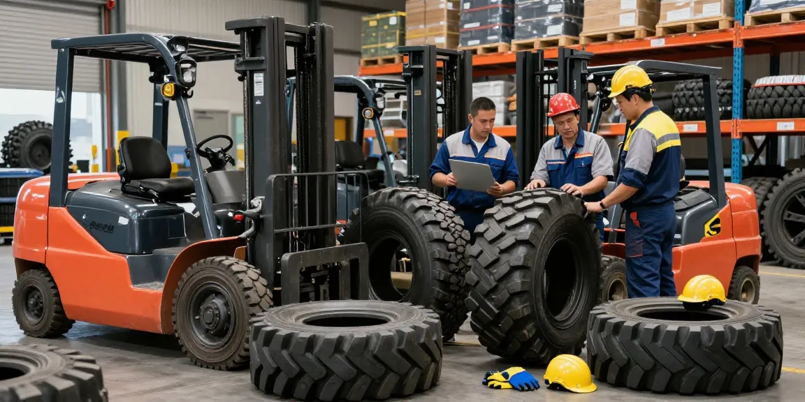 Forklift tyres for sale displayed in a busy warehouse with technicians inspecting various types.