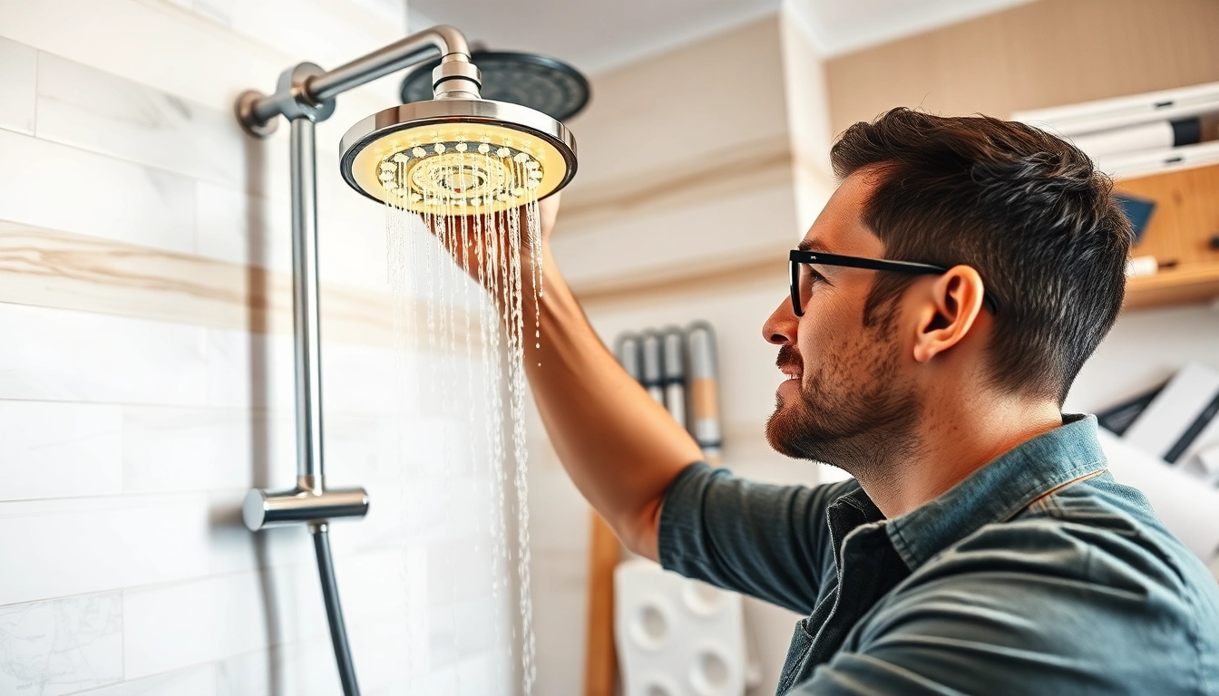 Shower fitter installing a modern showerhead in a beautifully designed bathroom.