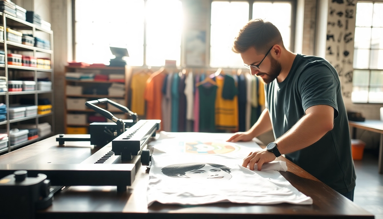 Showcase of t shirt printing edmonton with vibrant designs on a skilled printer's workspace.