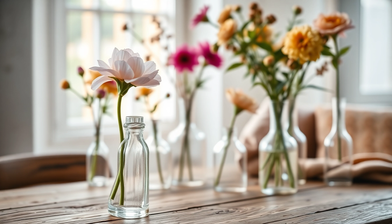 Stunning arrangement of bud vases showcasing floral beauty in a bright, rustic setting.