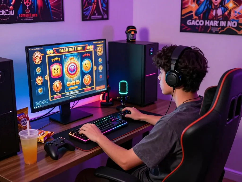 Menggambarkan permainan online yang menarik dengan seorang pemain menikmati slot gacor hari ini, slot berwarna-warni di layar, dan pengaturan permainan yang hidup.