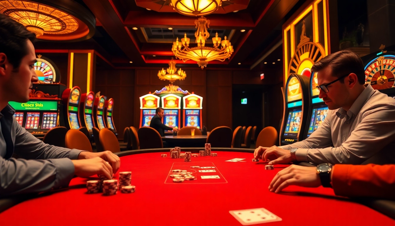 Experience the thrill at cổng game 789club with a vibrant casino scene featuring engaged players and colorful chips.
