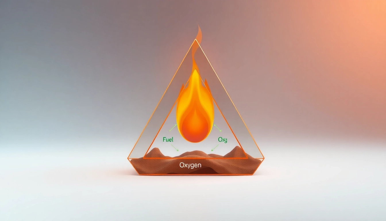 Illustration of fire tetrahedron components highlighting fuel, heat, oxygen, and chemical reaction.